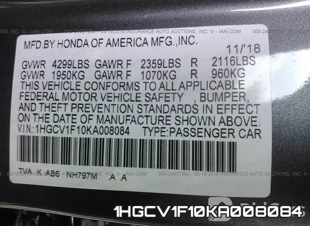 1HGCV1F10KA008084 фото 10