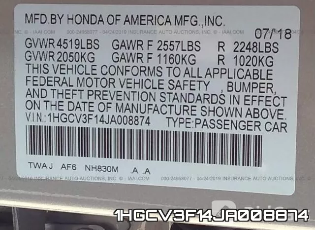 1HGCV3F14JA008874 фото 10