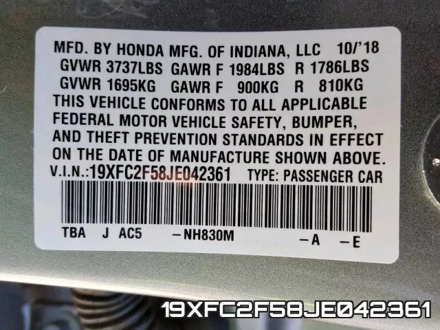 19XFC2F58JE042361 фото 2