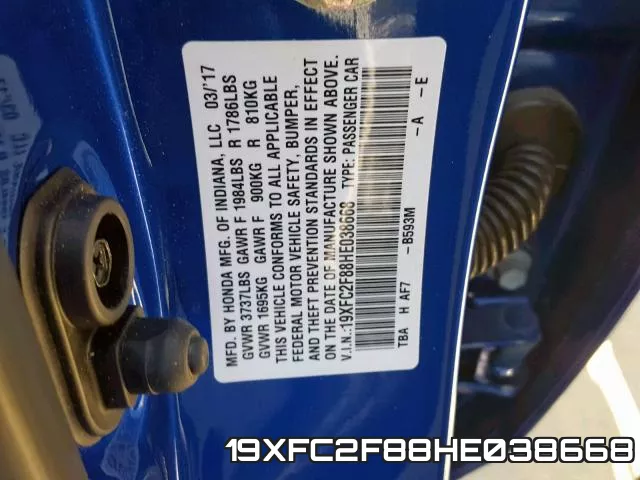19XFC2F88HE038668 фото 2