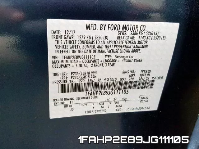 1FAHP2E89JG111105 фото 2