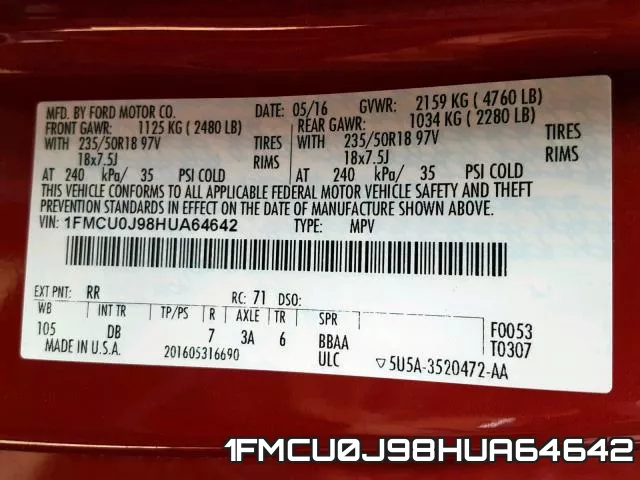 1FMCU0J98HUA64642 фото 2