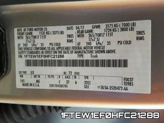 1FTEW1EF0HFC21288 фото 2