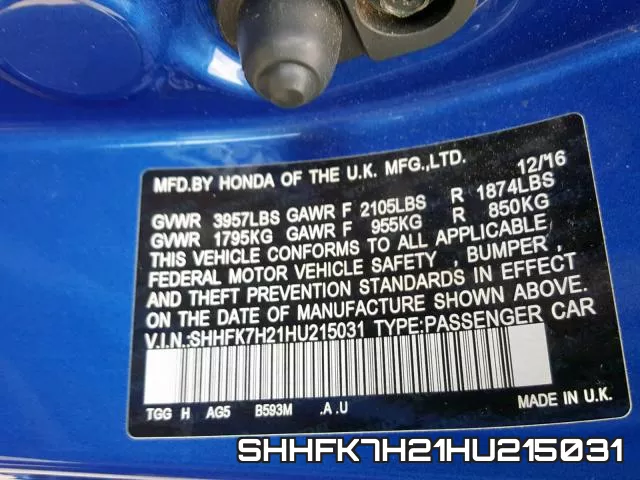 SHHFK7H21HU215031 фото 2
