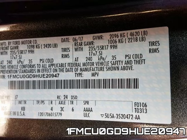 1FMCU0GD9HUE20947 фото 2