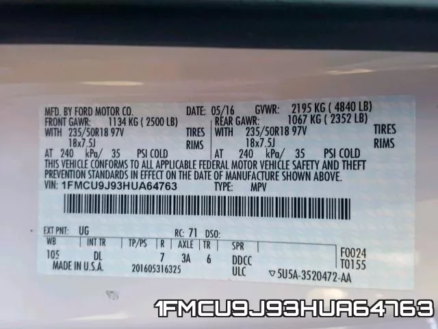 1FMCU9J93HUA64763 фото 2