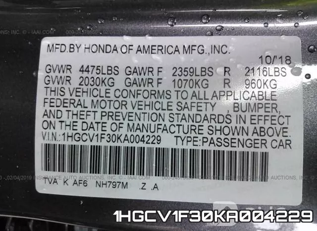 1HGCV1F30KA004229 фото 10