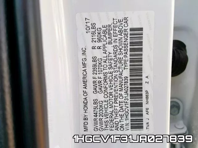 1HGCV1F31JA027839 фото 2