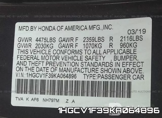 1HGCV1F39KA064896 фото 10