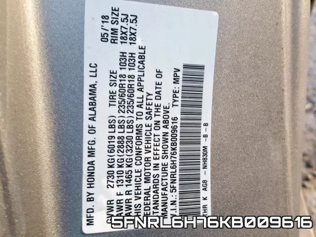 5FNRL6H76KB009616 фото 2