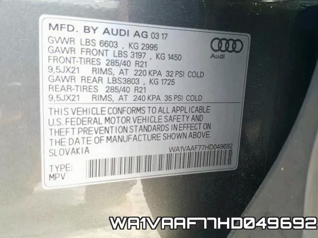 WA1VAAF77HD049692 фото 2