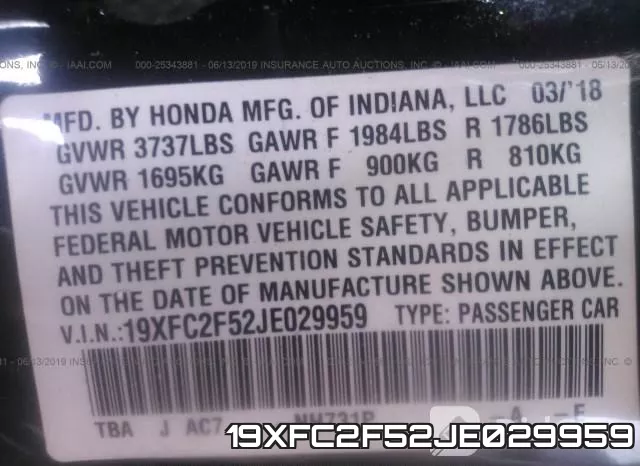 19XFC2F52JE029959 фото 10