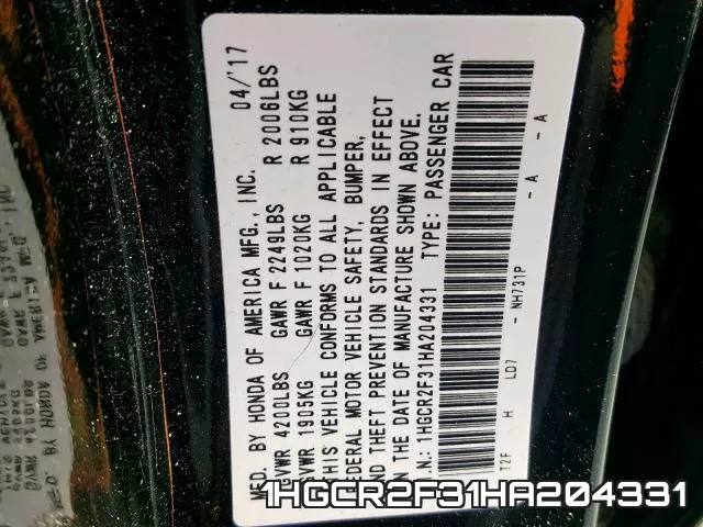 1HGCR2F31HA204331 фото 2