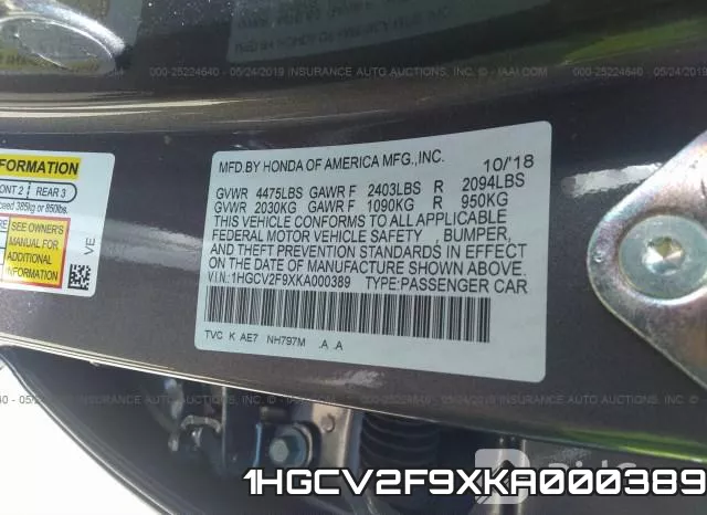 1HGCV2F9XKA000389 фото 9