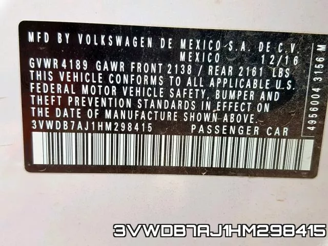 3VWDB7AJ1HM298415 фото 2