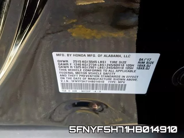 5FNYF5H71HB014910 фото 2