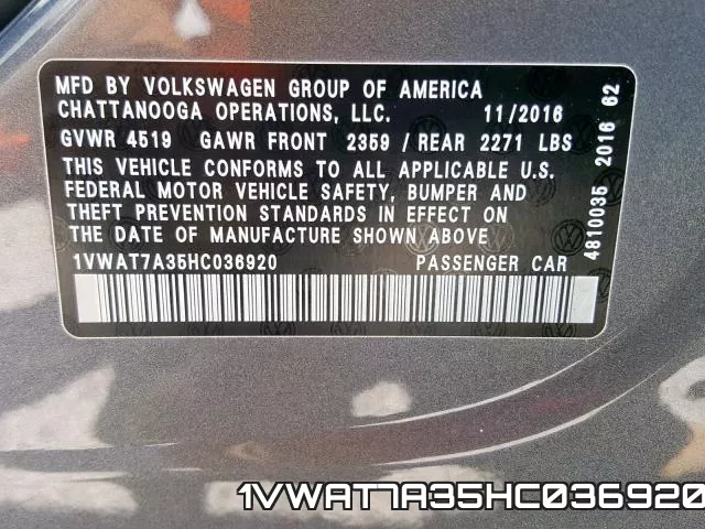 1VWAT7A35HC036920 фото 2