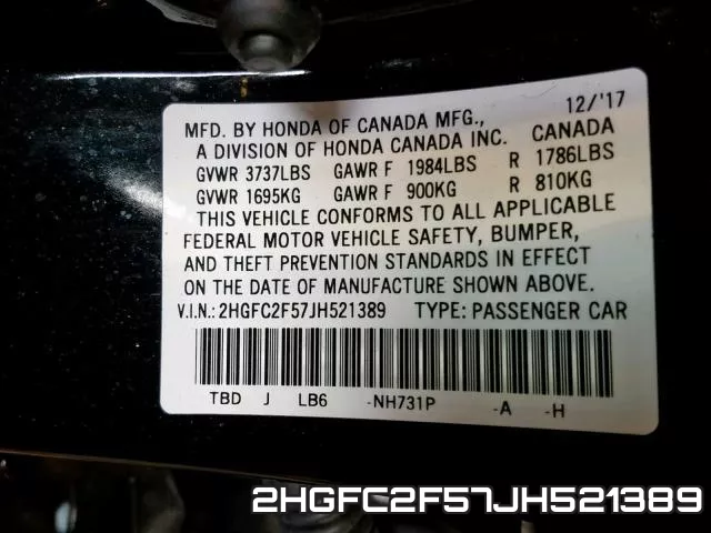 2HGFC2F57JH521389 фото 2