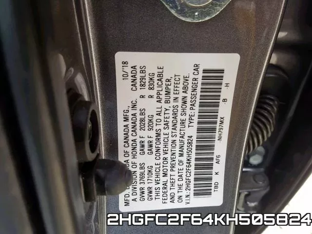 2HGFC2F64KH505824 фото 2