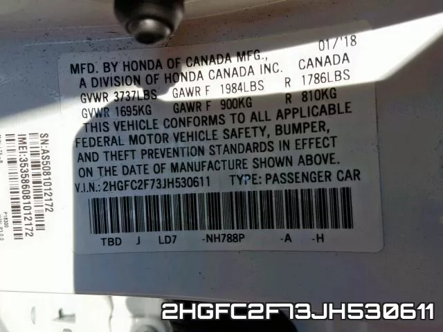 2HGFC2F73JH530611 фото 2