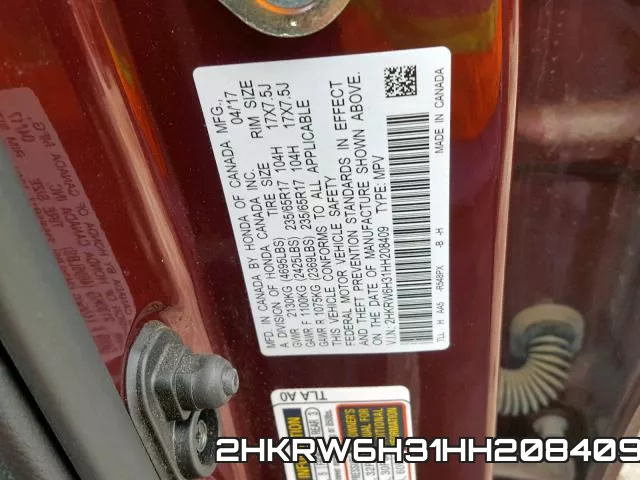 2HKRW6H31HH208409 фото 2
